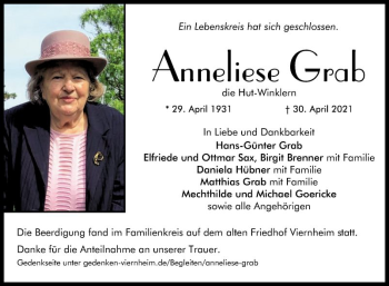 Traueranzeige von Anneliese Grab von Südhessen Morgen