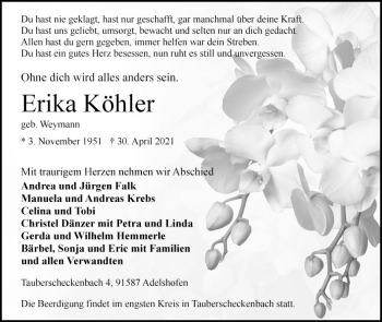 Traueranzeige von Erika Köhler von Fränkische Nachrichten