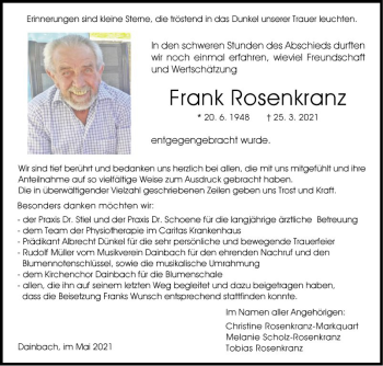 Traueranzeige von Frank Rosenkranz von Fränkische Nachrichten