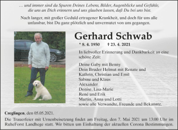 Traueranzeige von Gerhard Schwab von Fränkische Nachrichten