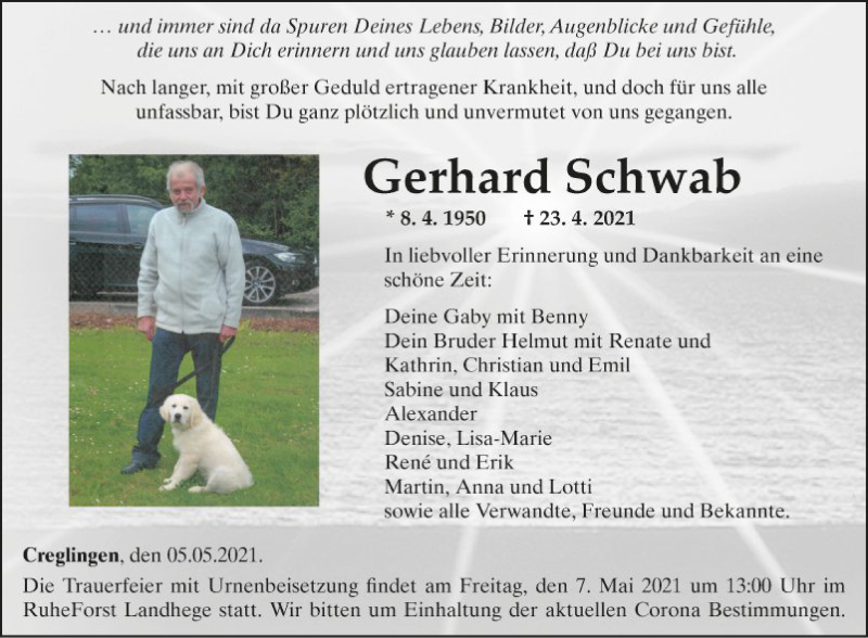  Traueranzeige für Gerhard Schwab vom 05.05.2021 aus Fränkische Nachrichten
