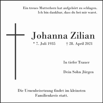 Traueranzeige von Johanna Zilian von Mannheimer Morgen