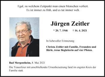 Traueranzeige von Jürgen Zeitler von Fränkische Nachrichten