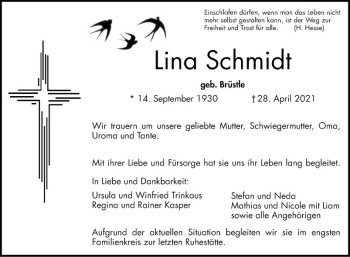 Traueranzeige von Lina Schmidt von Mannheimer Morgen
