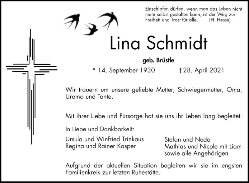  Traueranzeige für Lina Schmidt vom 04.05.2021 aus Mannheimer Morgen