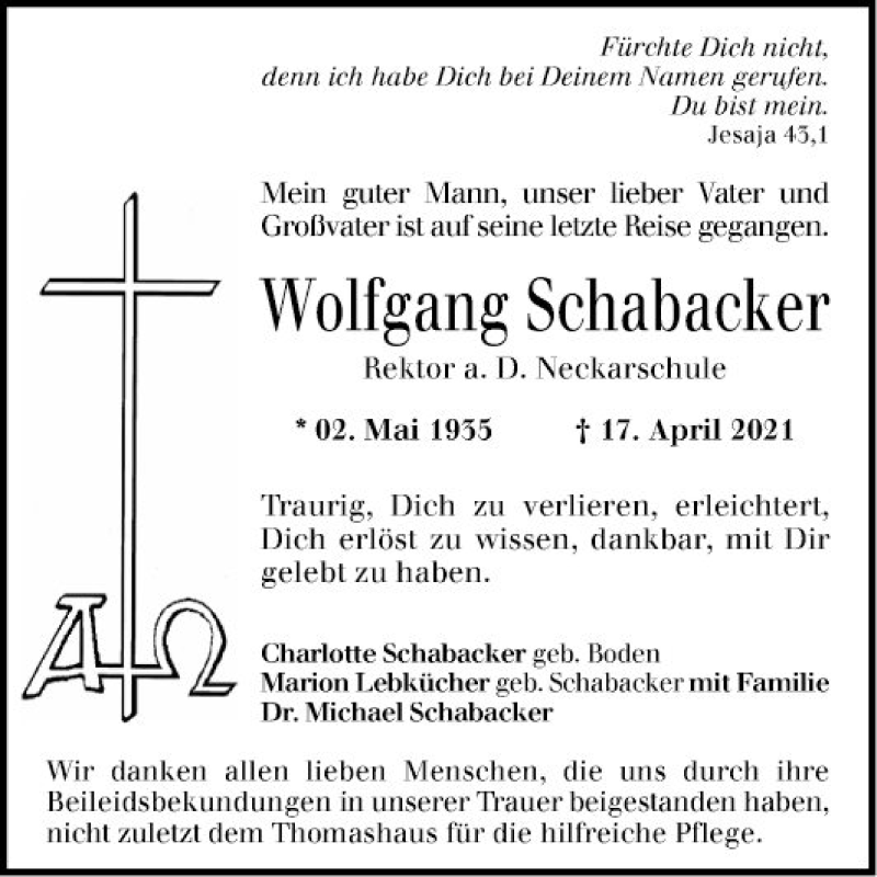  Traueranzeige für Wolfgang Schabacker vom 08.05.2021 aus Mannheimer Morgen