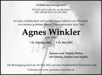 Traueranzeige von Agnes Winkler von Südhessen Morgen