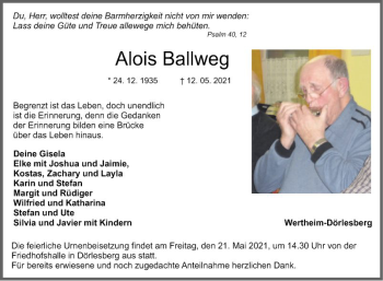 Traueranzeige von Alois Ballweg von Fränkische Nachrichten