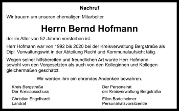 Traueranzeige von Bernd Hofmann von Südhessen Morgen