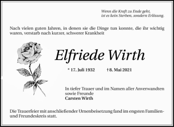 Traueranzeige von Elfriede Wirth von Schwetzinger Zeitung
