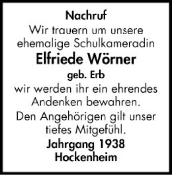 Traueranzeige von Elfriede Wörner von Schwetzinger Zeitung