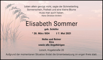 Traueranzeige von Elisabeth Sommer von Bergsträßer Anzeiger