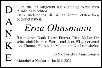 Traueranzeige von Erna Ohnsmann von Mannheimer Morgen