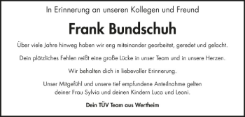 Traueranzeige von Frank  Bundschuh von Fränkische Nachrichten
