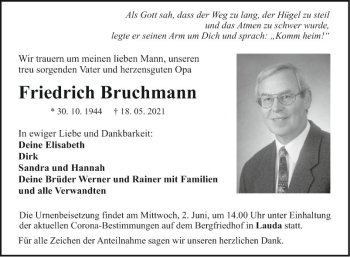 Traueranzeige von Friedrich Bruchmann von Fränkische Nachrichten
