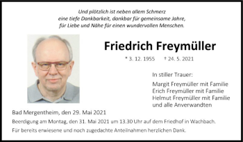 Traueranzeige von Friedrich Freymüller von Fränkische Nachrichten