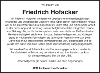 Traueranzeige von Friedrich Hofacker von Fränkische Nachrichten