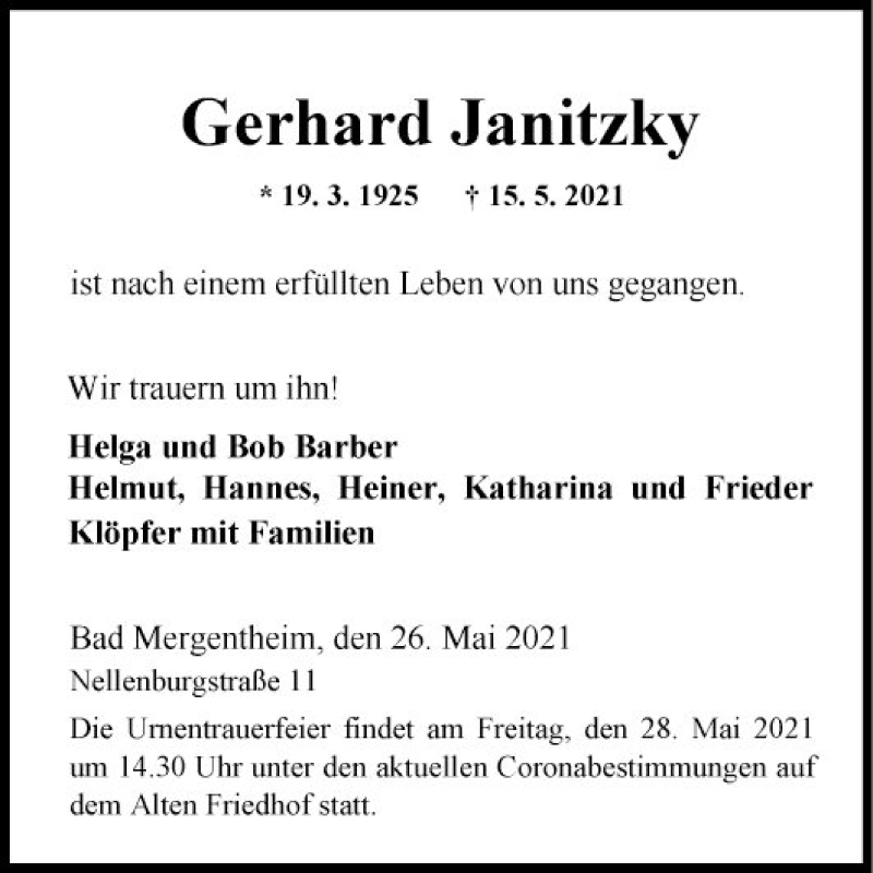  Traueranzeige für Gerhard Janitzky vom 26.05.2021 aus Fränkische Nachrichten