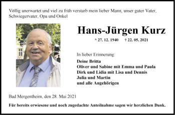 Traueranzeige von Hans-Jürgen Kurz von Fränkische Nachrichten