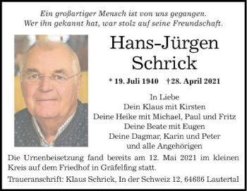 Traueranzeige von Hans-Jürgen Schrick von Bergsträßer Anzeiger