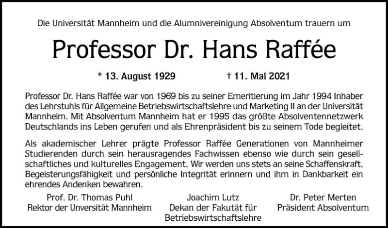  Traueranzeige für Hans Raffée vom 18.05.2021 aus Mannheimer Morgen