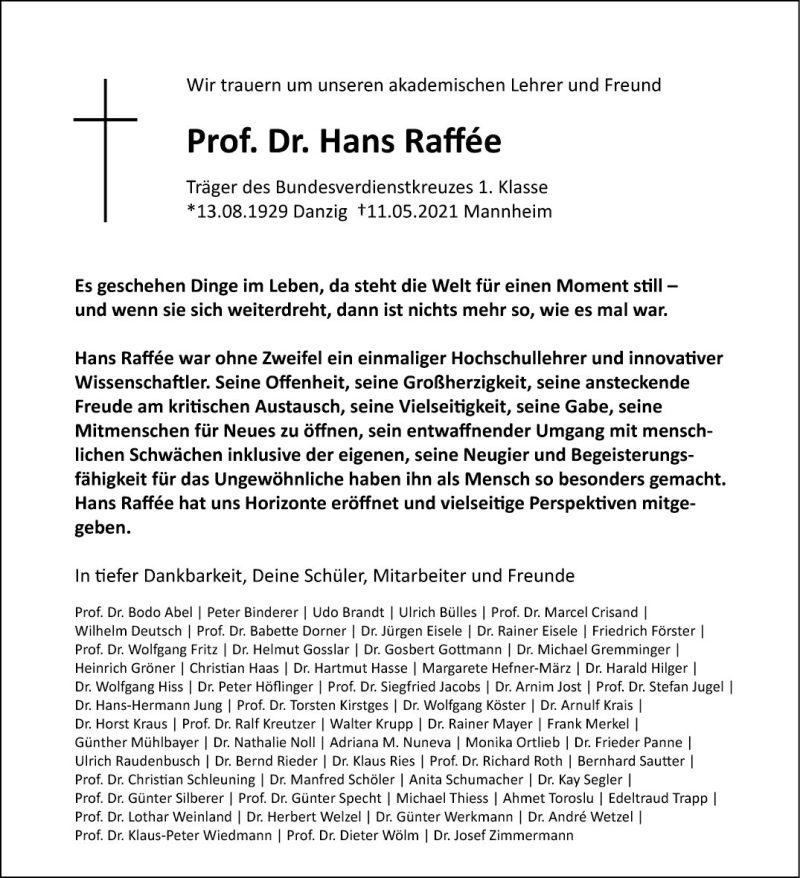  Traueranzeige für Hans Raffée vom 18.05.2021 aus Mannheimer Morgen