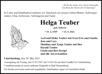 Traueranzeige von Helga Teuber von Fränkische Nachrichten