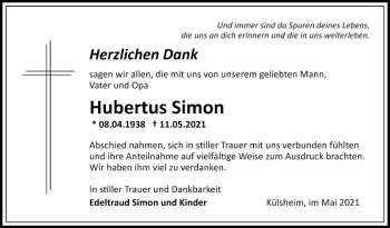 Traueranzeige von Hubertus Simon von Fränkische Nachrichten