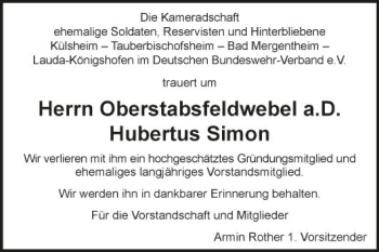 Traueranzeige von Hubertus Simon von Fränkische Nachrichten