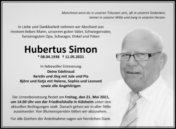 Traueranzeige von Hubertus Simon von Fränkische Nachrichten