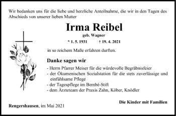 Traueranzeige von Irma Reibel von Fränkische Nachrichten