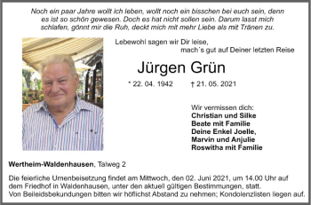 Traueranzeige von Jürgen Grün von Fränkische Nachrichten