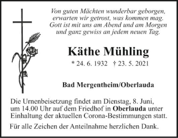 Traueranzeige von Käthe Mühling von Fränkische Nachrichten