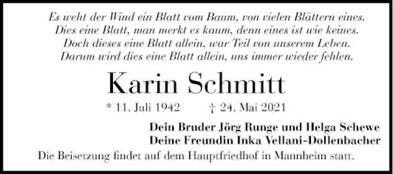 Traueranzeige für Karin Schmitt vom 29.05.2021 aus Mannheimer Morgen