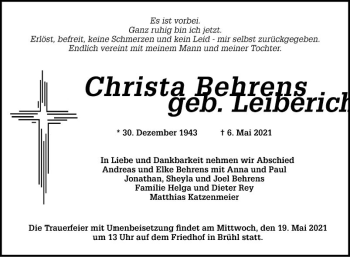 Traueranzeige von LChrista Behrens von Schwetzinger Zeitung