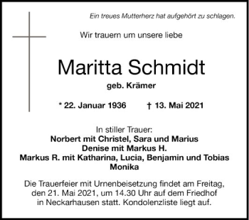 Traueranzeige von Maritta Schmidt von Mannheimer Morgen