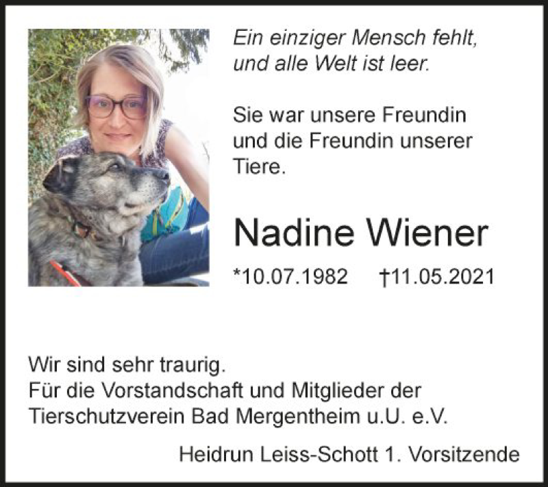  Traueranzeige für Nadine Wiener vom 18.05.2021 aus Fränkische Nachrichten