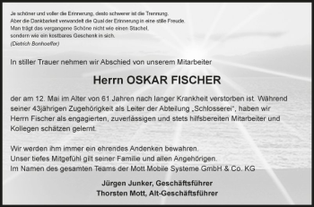 Traueranzeige von Oskar Fischer von Fränkische Nachrichten