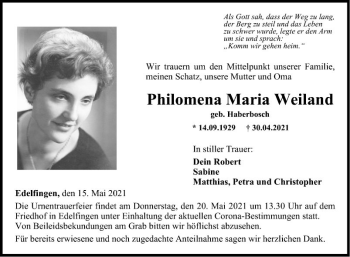Traueranzeige von Philomena Maria Weiland von Fränkische Nachrichten