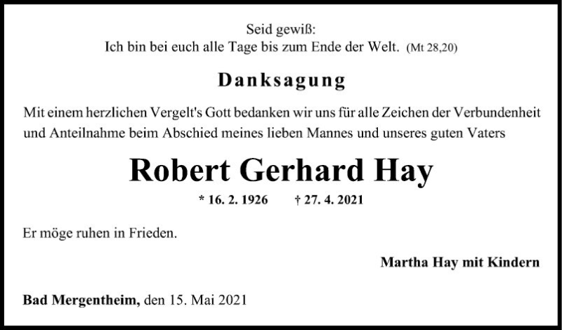  Traueranzeige für Robert Gerhard Hay vom 15.05.2021 aus Fränkische Nachrichten
