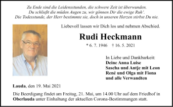 Traueranzeige von Rudi Heckmann von Fränkische Nachrichten