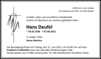 Traueranzeige von Hans Deufel 