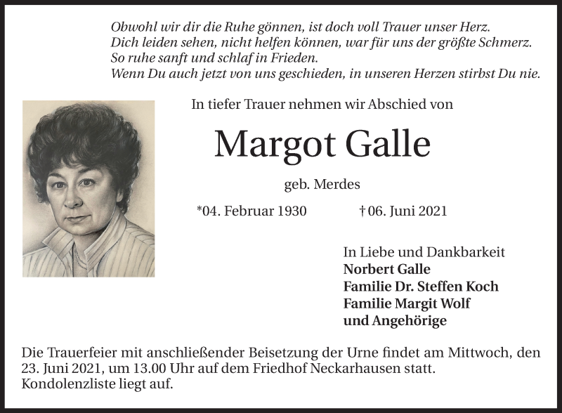  Traueranzeige für Margot Galle vom 12.06.2021 aus Mannheimer Morgen