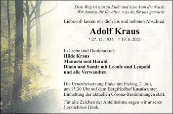 Traueranzeige von Adolf Kraus von Fränkische Nachrichten