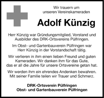 Traueranzeige von Adolf Künzig von Fränkische Nachrichten