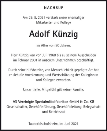 Traueranzeige von Adolf Künzig von Fränkische Nachrichten