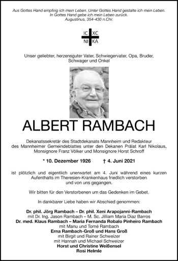 Traueranzeige von Albert Rambach von Mannheimer Morgen