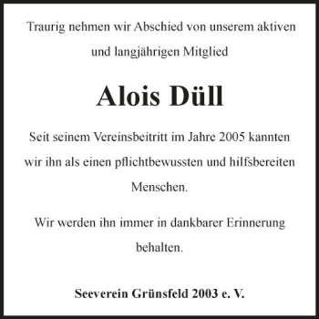 Traueranzeige von Alois Düll von Fränkische Nachrichten