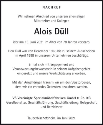 Traueranzeige von Alois Düll von Fränkische Nachrichten