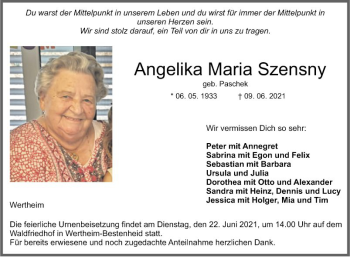 Traueranzeige von Angelika Maria Szensny von Fränkische Nachrichten